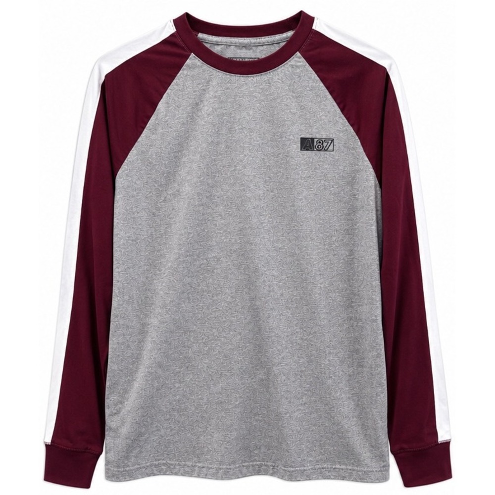 Aeropostale A87 Kids Boys Medium Gray Burgundy Raglan Long Sleeve Stretch Tee